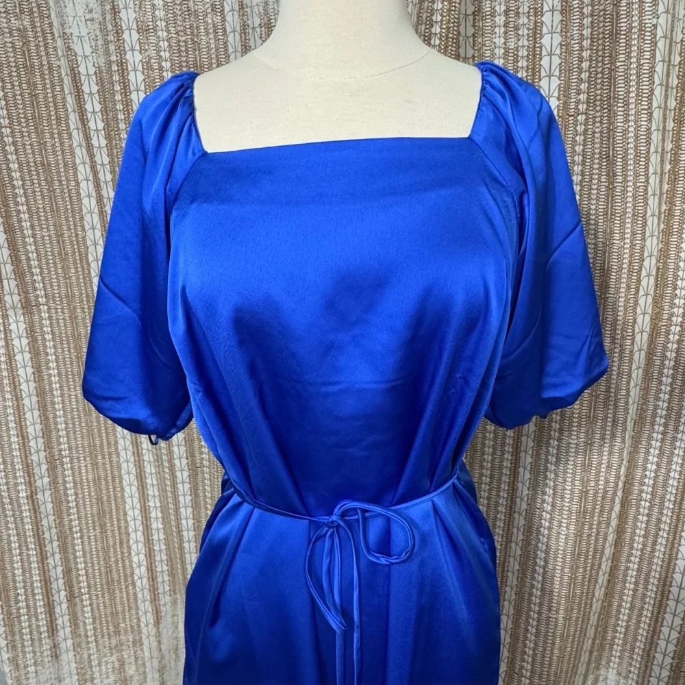 Ann Taylor Royal Blue Satin Dress | Size 6 | Puff Sleeve Tie Waist Midi Dress - Picture 6 of 10